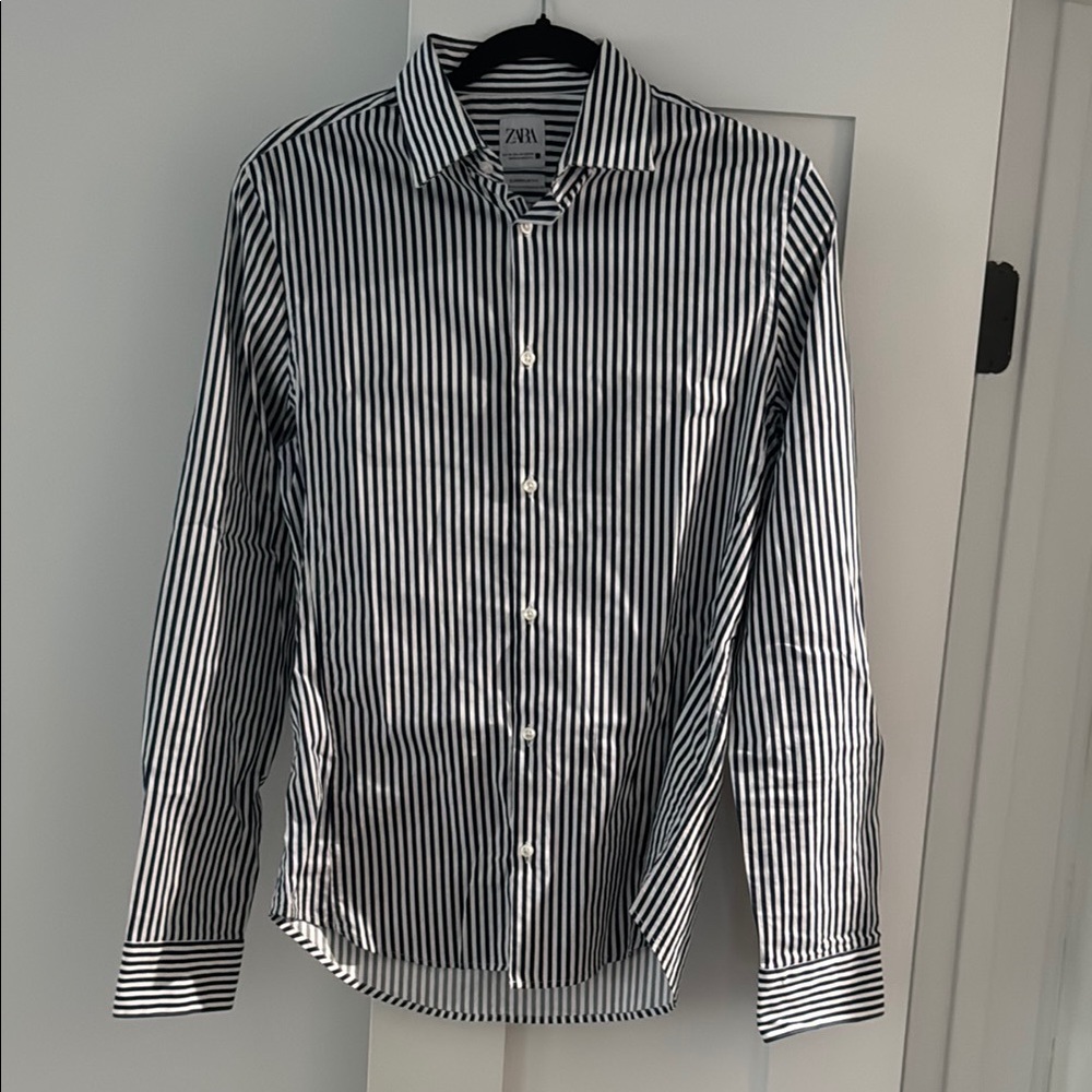 Zara navy and White Striped Men's Shirt